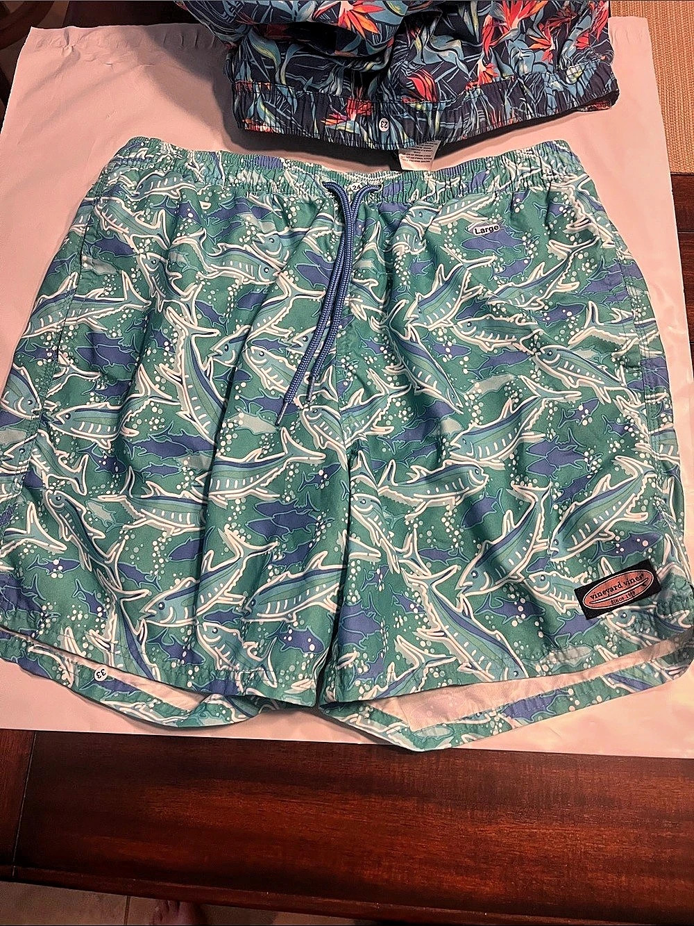 Item 24 Boardies Abstract Swim Trunks in Green & Blue Large Like New mens large